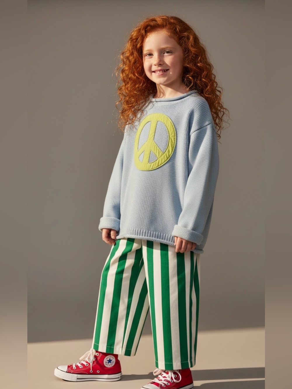 Garnet Hill | Kids Blue Knit Sweater | Lime Green Applique Peace Sign